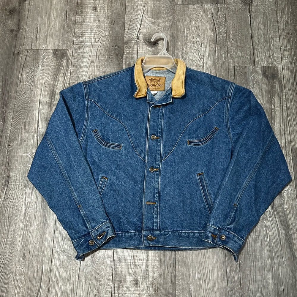VTG 90s Urban Schaeffers Leather Collar Western Cowboy Style Denim Jacket